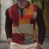 preiswerte Poloshirt mit Farbblockdesign für Herren-Herren Karomuster Waffel-Poloshirts Golfshirt Langarm Polo-Shirts Hemden mit Kragen Vintage Lässig Urlaubskleidung Formelle Kleidung Festivalkleidung Knöpfe 3D-Druck Frühling Herbst Winter Braun