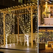 abordables Enchufe eléctrico-Luces de String Cortina 3x3M 300 LED 31V Calor Blanco 8 Modos Seguras para Decoración de Boda y Jardín