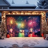 billige Garasje- og dørbanner-nyttår garasjeportdeksel ballonger fyrverkeri utendørs banner stort bakteppe for ferie utendørs garasjeport hjem veggdekorasjoner
