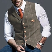cheap Men&#039;s Vest-Men&#039;s Vest Waistcoat Daily Wear Going out Vintage Fashion Spring &amp;  Fall Buttons Polyester Comfortable Plain Single Breasted V Neck Regular Fit Deep Green Navy Dark Gray Light Grey Vest