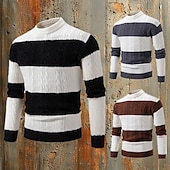 cheap Men&#039;s Pullover Sweater-Men&#039;s Sweater Cable Chunky Knit Stripe Cable Stripe Crew Neck Christmas Elegant Formal Home Clothing Apparel Bishop Sleeve Fall Winter Black Brown M L XL