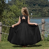 baratos Vestidos floridos-Infantil Para Meninas Vestido de daminha de honra Vestido de festa Côr Sólida Sem Manga Espetáculo Casamento Festa Com Transparência Frente Única Patchwork Elegante Doce Poliéster Renda Longo Vestido
