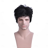 preiswerte Herrenperücken-Synthetische Perücken Locken Asymmetrischer Haarschnitt Perücke Kurz Schwarz Synthetische Haare Herren Modisches Design Weich Natürlich Schwarz