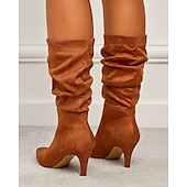 billiga Slouch Boots-damstövlar i brun mocka med mitten av vaden - eleganta stilettklackar med spetsiga tå, perfekta för höstens fritids- och festkläder