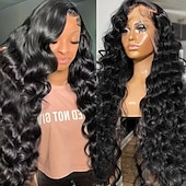 economico Parrucche lace front capelli veri-Parrucche frontali in pizzo con onde sciolte 13x6, capelli umani, trasparenti, onde sciolte, capelli umani per donne nere