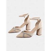 preiswerte Halbformell-Schwarze Pumps mit Blockabsatz für Damen mit Strass-überkreuztem Riemchen und Fußkettchen – elegante Schuhe mit spitzer Spitze für formelle Anlässe
