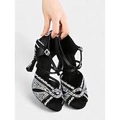 economico Scarpe per balli latini-tacchi da ballo da donna con strass dorati, cinturini incrociati e suola in pelle scamosciata, ideali per spettacoli di ballo da sala e latino