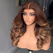 voordelige Pruiken van echt haar, met kanten voorzijde-Braziliaanse maagdelijke menselijke haar lijmloze ombre kant voor golvende pruik kastanjebruin lichtbruine menselijke haar pruik tweekleurige pruiken voorgeplukt voor vrouwen