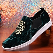 cheap Casual-Men&#039;s Burgundy Velvet Slip-On Loafers with Golden Embroidery and White Sole – Luxurious Casual Shoes for Parties and Events