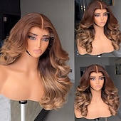 voordelige Pruiken van echt haar, met kanten voorzijde-Braziliaanse maagdelijke menselijke haar lijmloze ombre kant voor golvende pruik kastanjebruin lichtbruine menselijke haar pruik tweekleurige pruiken voorgeplukt voor vrouwen