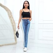 billiga Byxor-Dam Vanligt Jeans Streetwear Stylish Fullängd Hög midja Färgblock Lappverk Andningsfunktion Mjuk Bekväm Microelastisk Dagligen Utekväll Svart Blå Vår &amp; Höst Normal