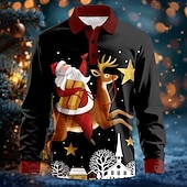 クリスマス 男性用 サンタクロース ルドルフ ポロシャツ ゴルフポロシャツ 長袖 ポロシャツ カラー カジュアル リゾート バケーション 日常着 3Dプリント ボタン 春 秋冬 ブラック お買い得  サンタクロースの衣装-クリスマス 男性用 サンタクロース ルドルフ ポロシャツ ゴルフポロシャツ 長袖 ポロシャツ カラー カジュアル リゾート バケーション 日常着 3Dプリント ボタン 春 秋冬 ブラック