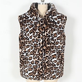cheap Men's Vest-Men's Vest Faux Fur Gilet Daily Date Vacation Fashion Casual Fall &amp; Winter Keep Warm Polyester Comfortable Leopard Print Cardigan Stand Collar Regular Fit White Yellow Brown Vest