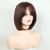 cheap Older Wigs-Shoulder Length Dark Brown Straight Bob Wigs Synthetic Medium Length Bob Hair Wig Halloween Costume Wigs for Women