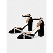 preiswerte Halbformell-Schwarze Pumps mit Blockabsatz für Damen mit Strass-überkreuztem Riemchen und Fußkettchen – elegante Schuhe mit spitzer Spitze für formelle Anlässe