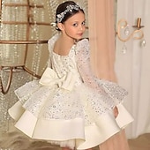 baratos Vestidos de Festa-Infantil Para Meninas Vestido de festa Côr Sólida Manga Longa Espetáculo Com Transparência Princesa Doce Com Transparência Longuette Vestido da bainha Vestido De Tule Verão Primavera Outono Crianças