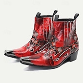 baratos Botas de couro premium-Bota de Motocicleta Masculina de Couro de Cobra Vermelha – Bota Canela Estilo Ocidental com Bico Pontudo Detalhe de Corte em Chama com Ponta Dourada para Moda Ousada