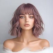 baratos Perucas Sintéticas sem Touca-perucas para mulheres peruca curta ondulada bob com franja comprimento médio cabelo sintético para festa diária