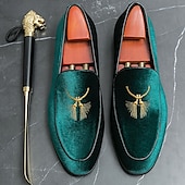 お買い得  セミフォーマル-ゴールドの刺繍が施されたメンズグリーンベルベットローファー - フォーマルなイベントや結婚式に最適な豪華なスリッポンシューズ