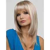 billiga äldre peruk-Syntetiska peruker Rak Asymmetrisk frisyr Peruk Mellan Blond Syntetiskt hår Dam Moderiktig design Mjuk Naturlig Guld