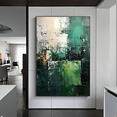 お買い得  抽象画-手描きの緑のミニマリズム絵画 ベージュの壁アート キャンバスに描かれた大きな白い抽象的な金箔の油絵 リビングルームのホームデコレーション フレームなし