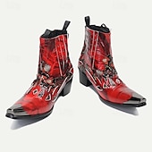 baratos Botas de couro premium-Bota de Motocicleta Masculina de Couro de Cobra Vermelha – Bota Canela Estilo Ocidental com Bico Pontudo Detalhe de Corte em Chama com Ponta Dourada para Moda Ousada