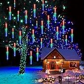 abordables Funciona con energía solar-1 luz solar de lluvia de meteoritos, 30 cm, 8 tubos, 192 ledes, luces para aleros de árbol de Navidad para decoración de árboles de Navidad y jardines