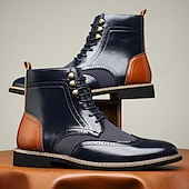 baratos Botas de vestir-Botas masculinas vintage brogue ankle boots - couro sintético marrom e preto com painel de tweed, design clássico de cadarço para ocasiões formais e casuais, botas sociais estilo retrô