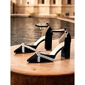 preiswerte Halbformell-Schwarze Pumps mit Blockabsatz für Damen mit Strass-überkreuztem Riemchen und Fußkettchen – elegante Schuhe mit spitzer Spitze für formelle Anlässe