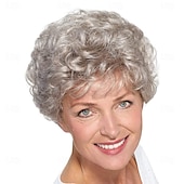 abordables perruque plus âgée-perruques courtes bouclées argentées pour femmes blanches cheveux synthétiques naturels résistants à la chaleur vieilles dames cosplay quotidien perruques complètes