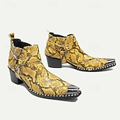 cheap Premium Leather Boots-Men&#039;s Yellow Snakeskin Leather Motorcycle Boots – Western Style Pointed Toe Ankle Boots with Buckle Straps for Bold Fashion Statements