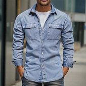 preiswerte Herren-Oberhemden-Herren Lässiges Hemd Overshirt Jeanshemd Feste Farbe Heim B¨¹ro Hellblau Dunkelgray Langarm Kragen Sommer Frühling Bekleidung Knopf