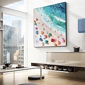 economico Quadri paesaggistici-Dipinto ad olio sulla spiaggia in 3D, dipinto ad olio astratto fatto a mano sulla costa su tela, dipinto fatto a mano sulla spiaggia soleggiata nei colori blu e beige, dipinto di onde per la