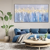 preiswerte Landschaftsgemälde-handgemachtes buntes abstraktes blau-goldenes Ölgemälde auf Leinwand, großes handgemaltes abstraktes strukturiertes Boho-Ölgemälde, moderne Wandkunst, zeitgenössisches minimalistisches Kunstwerk für