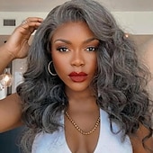 abordables peluca vieja-Pelucas sintéticas Ondulado Grande Corte asimétrico Peluca Media Gris Pelo sintético Mujer Diseños de Moda Suave Natural Gris
