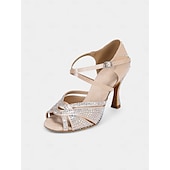 economico Scarpe per balli latini-tacchi da ballo da donna con strass dorati, cinturini incrociati e suola in pelle scamosciata, ideali per spettacoli di ballo da sala e latino