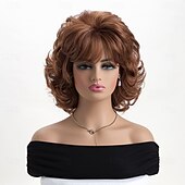 abordables perruque plus âgée-perruque synthétique bouclée avec frange perruque fabriquée à la machine cheveux synthétiques courts bruns pour femmes mode douce facile à transporter