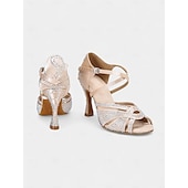 economico Scarpe per balli latini-tacchi da ballo da donna con strass dorati, cinturini incrociati e suola in pelle scamosciata, ideali per spettacoli di ballo da sala e latino
