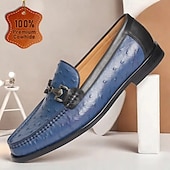 billiga Premium läder Loafers-loafers i blå premiumkoskinn för män med strutsmönster och metallspänne, eleganta klänningsskor för formella och vardagliga tillfällen