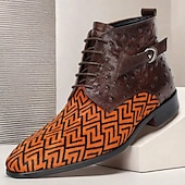 cheap Premium Leather Boots-Men&#039;s Premium Cowhide Leather with Pony Hair Ankle Boots - Geometric Pattern Lace-Up Stylish Casual &amp; Formal Shoes