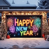 billige Garasje- og dørbanner-nyttår garasjeportdeksel ballonger fyrverkeri utendørs banner stort bakteppe for ferie utendørs garasjeport hjem veggdekorasjoner