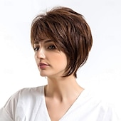 abordables perruque plus âgée-perruques brunes perruque synthétique droite avec frange perruque fabriquée à la machine cheveux synthétiques courts pour femmes mode douce facile à transporter