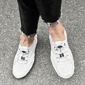 cheap Men&#039;s Sneakers-Men&#039;s White Perforated Casual Shoes with Hand-Stitched Detailing, Breathable Mesh Upper and Comfortable Slip-On Design