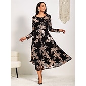cheap Cocktail Dress-Women&#039;s A-Line Midi Dress Long Sleeve Sequins Floral Elegant Black Semi-Formal Sparkly Shimmer Skirt Round Neckline Wedding Party Theater Event Spring Fall Fashion Clothing Apparel S M L XL XXL