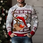preiswerte Bedruckte Pullover für Herren-hässlicher Weihnachtspullover für Herren mit Tiermuster, Elch- und Schneeflocken-Print, Strickpullover, Strickmode, Silvesterpullover, Outdoor, Alltag, Urlaub, langärmlig, Rundhalsausschnitt,