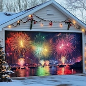 billige Garasje- og dørbanner-nyttår garasjeportdeksel ballonger fyrverkeri utendørs banner stort bakteppe for ferie utendørs garasjeport hjem veggdekorasjoner