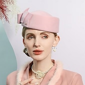 voordelige Feesthoeden-hoed 100% Wol Damesbaret Fedorahoed Bruiloft cocktail Elegant Bruiloft Met Strik Pure Kleur Helm Hoofddeksels