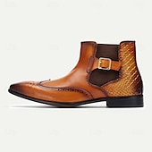 cheap Premium Leather Boots-Men&#039;s Brown Ankle Boots with Brogue Detailing &amp; Snakeskin Accent - Premium Cowhide Leather Dress Boots for Formal &amp; Casual Wear