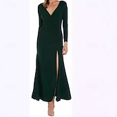 tanie maxi czarna sukienka-Damskie Sukienka maxi Czarna sukienka Sukienka na studniówkę Sukienka koktajlowa Suknia Moda Impreza Elegancka sukienka Impreza Regularny Jednokolorowe Długi rękaw W serek Zieleń wojskowa Czarny