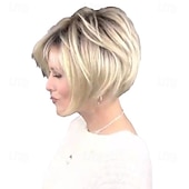 baratos peruca mais velha-Perucas sintéticas Liso Corte Assimétrico Peruca Curto Loiro Cabelo Sintético Mulheres Design de moda Macio Natural Loiro